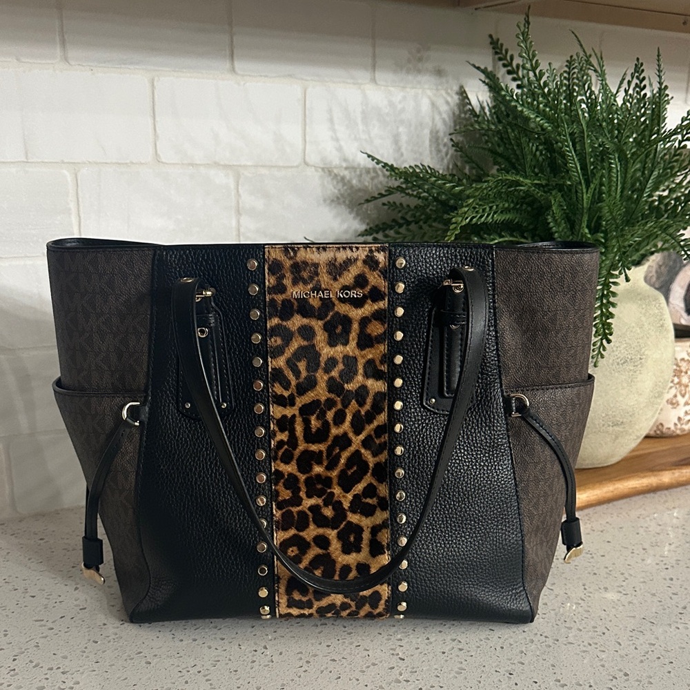 Michael Kors Black and Leopard-Print Studded Tote